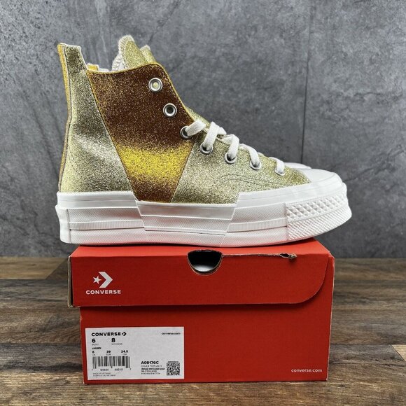 Converse Chuck 70 Plus Hi Glitter Size 8 Womens Vintage White Gold Sneakers - Picture 1 of 12